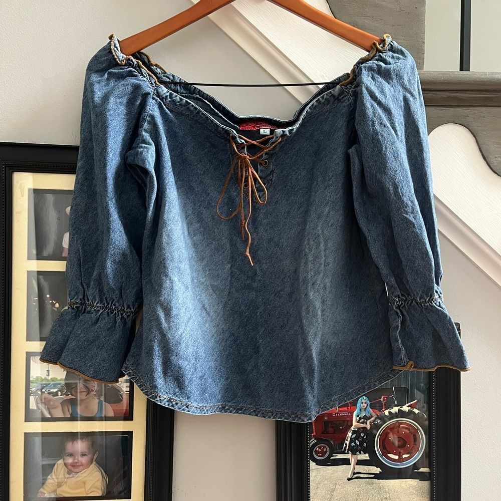 Vintage Hot Kiss Denim Lace Up Off The Shoulder Blouse sz L EUC